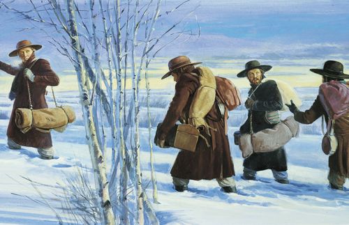 Early missionaries walking through deep snow