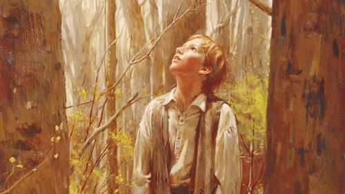 painting of Joseph Smith looking up in a grove of trees