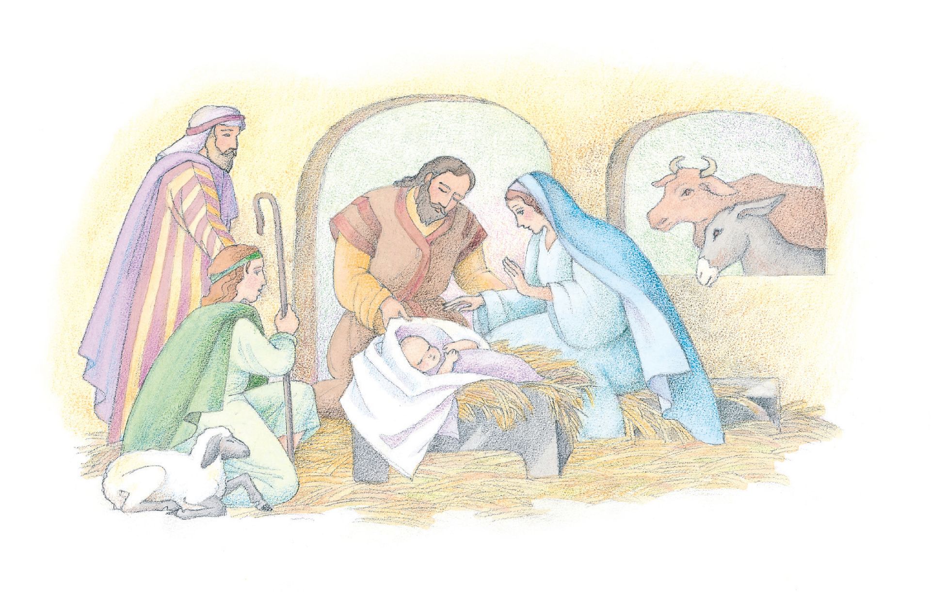 The shepherds arrive at the manger scene to worship Christ. From the Children’s Songbook, page 52, “The Nativity Song”; watercolor illustration by Phyllis Luch.