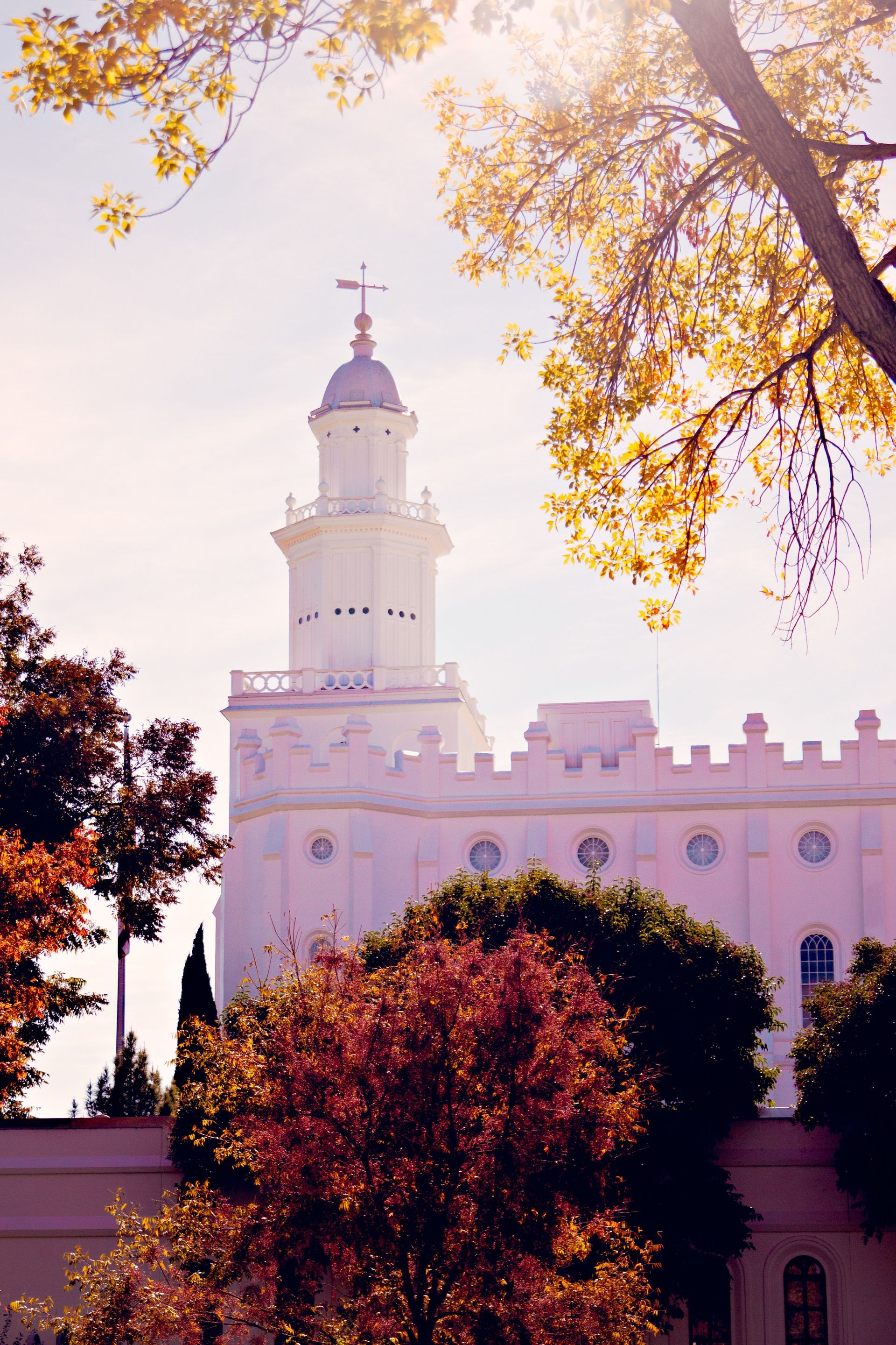 A north view of the St. George Utah Temple in the fall, including scenery.