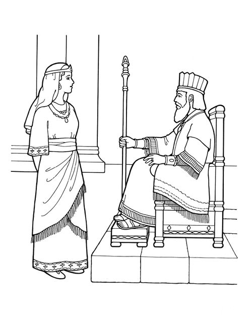 A black-and-white illustration of Queen Esther standing in front of the king, who is sitting in a large throne wearing robes and a crown.