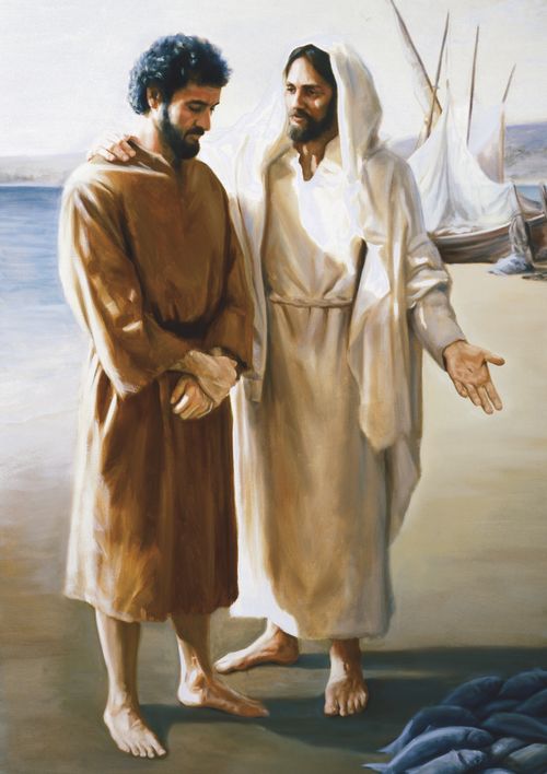 Jesus Christ with His arm around the shoulder of the Apostle Peter. Christ points to a large number of fish lying on the beach as He speaks to Peter. Two other men and a ship sit on the beach in the background.