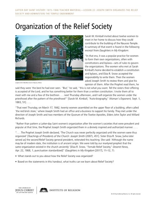 Organization of the Relief Society handout