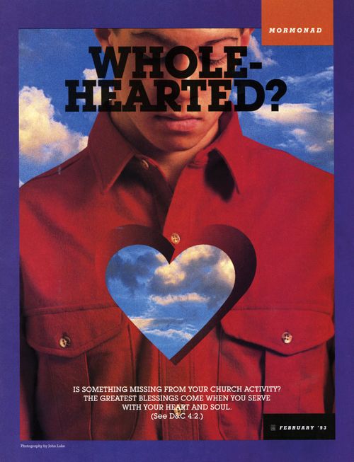 A conceptual photograph showing a young man with a heart-shaped hole in his chest, paired with the word “Wholehearted?”