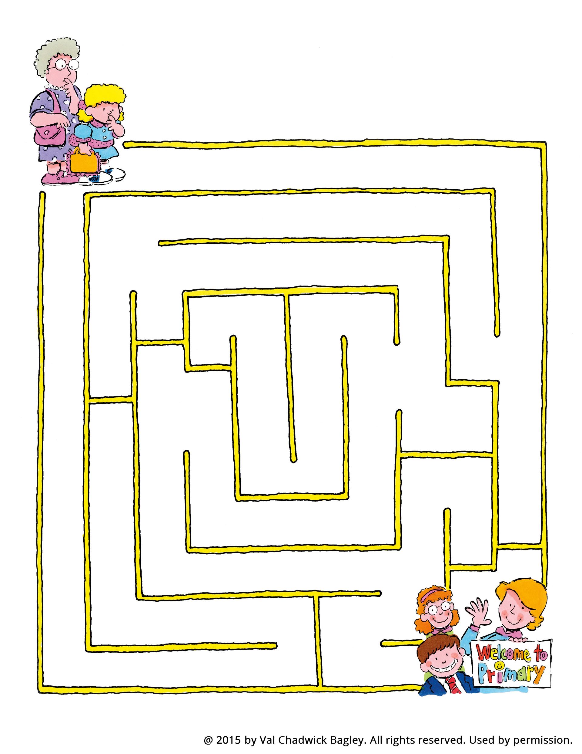 A maze to help children get a grandma and her granddaughter to Primary.