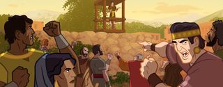 Nephi talks to a crowd of Nephites from the tower, and the people yell at him