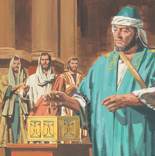 Jesus watches a rich man put much money into the treasury at the temple - ch.45-1