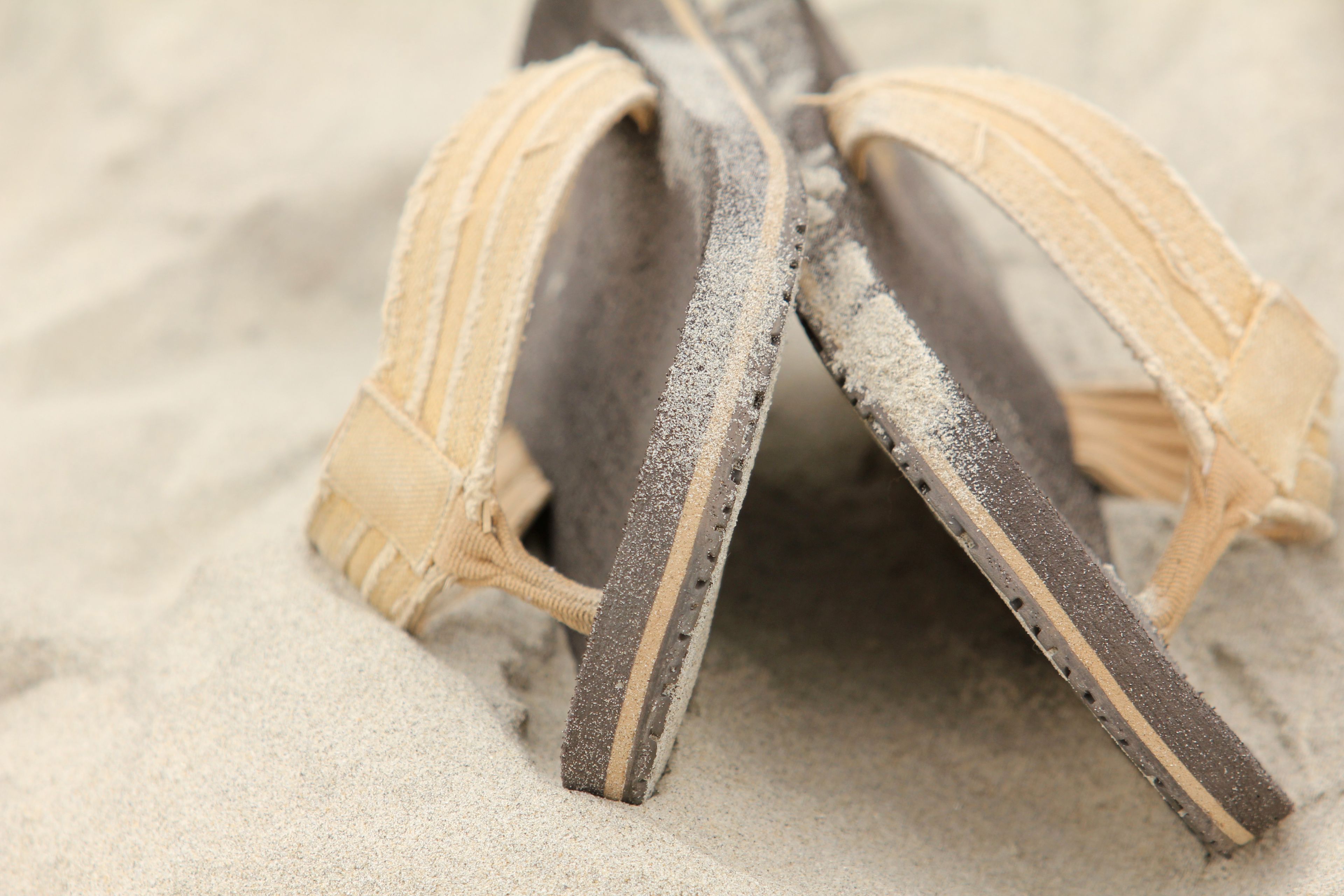 A pair of sandals lying in the sand.