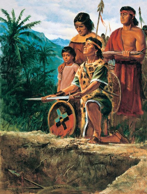 A painting by Del Parson depicting a group of Anti-Nephi-Lehies preparing to bury their swords in a pit, with one young man kneeling and holding a shield and sword.