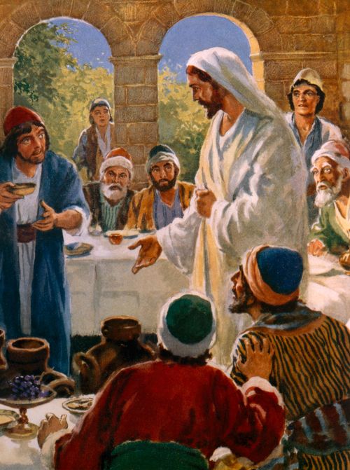 Jesus gesturing to clay jugs