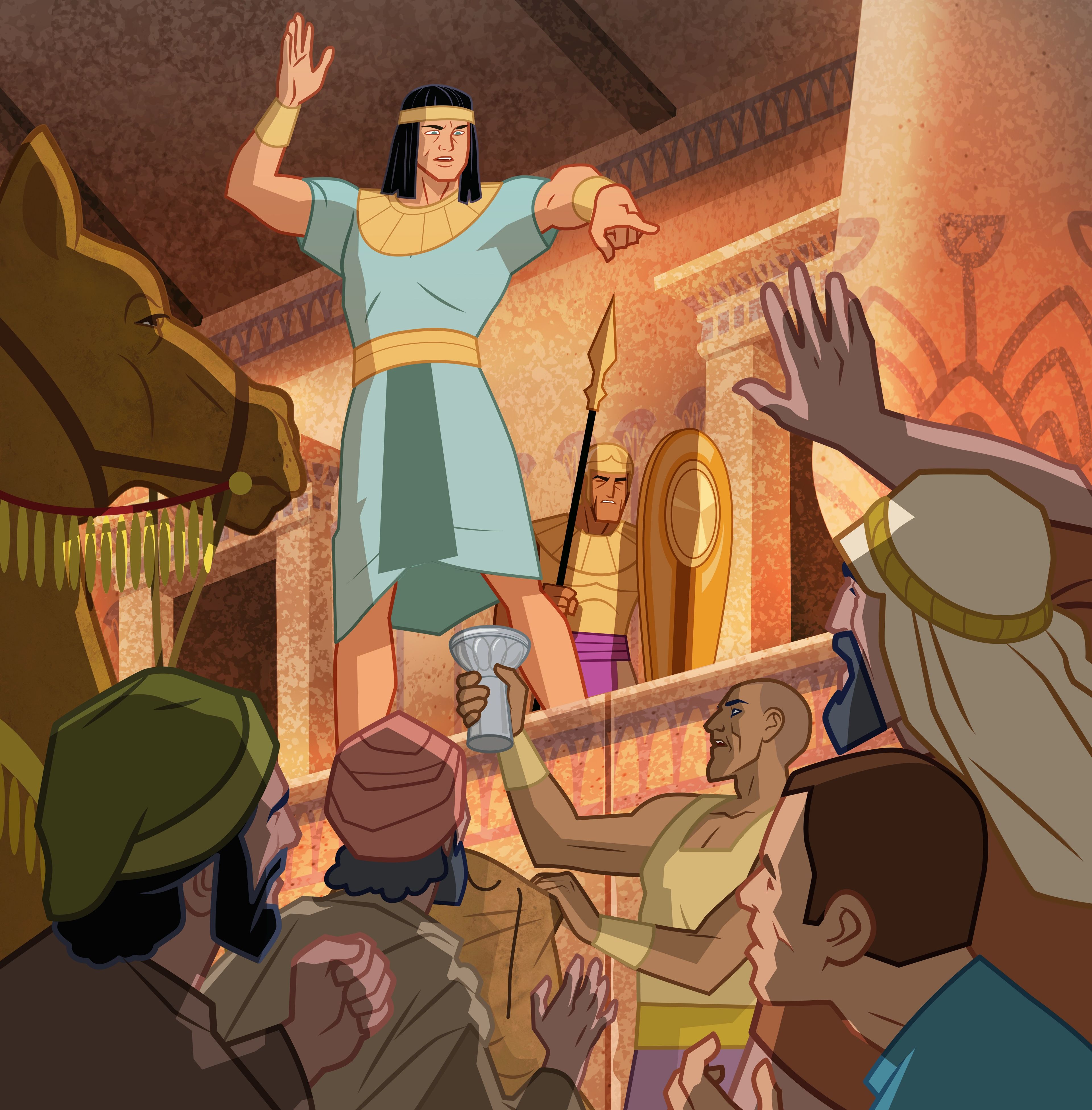 Illustration of Joseph accusing brothers of stealing silver cup. Genesis 44