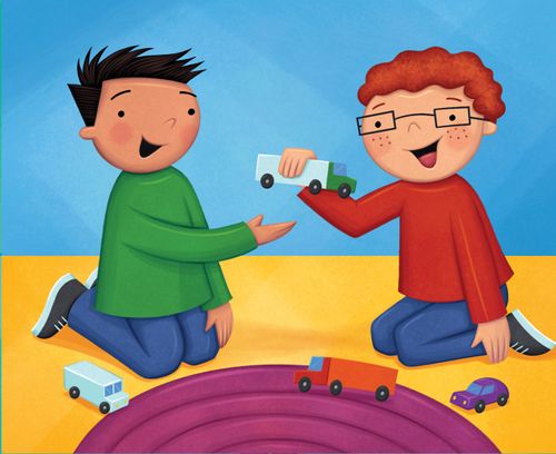 Two children playing with toy cars