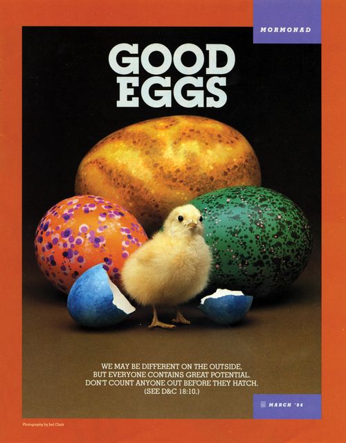 A conceptual photograph showing decorated Easter eggs with a chick emerging from one of them, paired with the words “Good Eggs.”