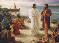 The resurrected Jesus Christ appearing to seven of the Apostles (including Peter) on the shores of the Sea of Galilee. Peter is standing by Christ. Christ has His hand on Peter's shoulder as He instructs Peter to "feed my sheep." The other Apostles are seated on the ground as they watch. There is a fishing boat in the background.