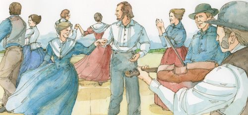 Pioneers dancing, and man playing a fiddle in the foreground. Chapter 62-8 (D&C 136:28-31) 1846-1847