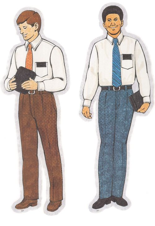 Two Primary cutouts of a missionary elder in a white shirt, an orange tie, and brown pants and a missionary elder in a white shirt, a blue tie, and blue pants.