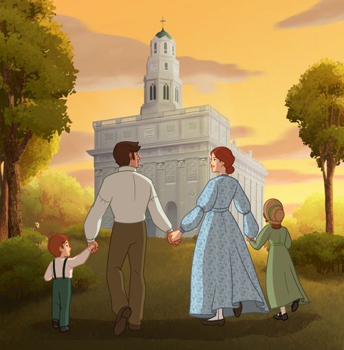 A family together in front of the Nauvoo Temple.