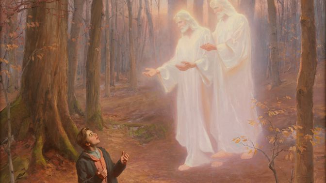 First Vision artwork. Features Joseph Smith having the First Vision talking with Heavenly Father and Jesus Christ in the sacred grove.