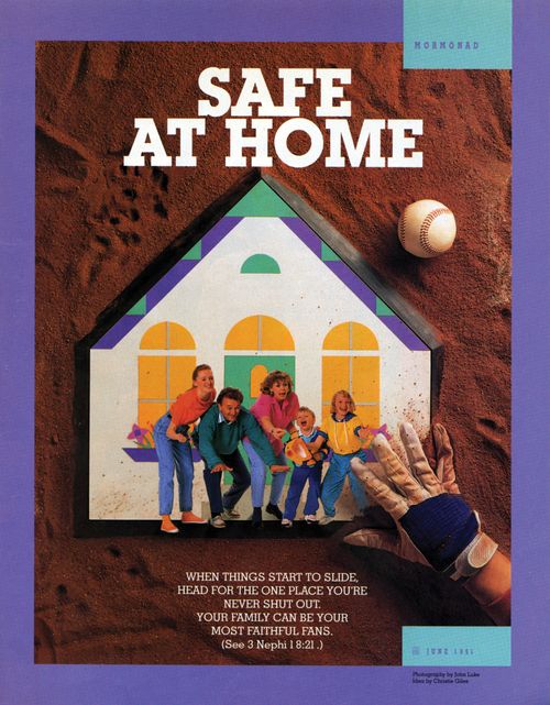 A conceptual photograph showing a picture of a family being used as home plate on a baseball diamond, paired with the words “Safe at Home.”