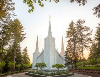 Portland Oregon Temple just at sunset.