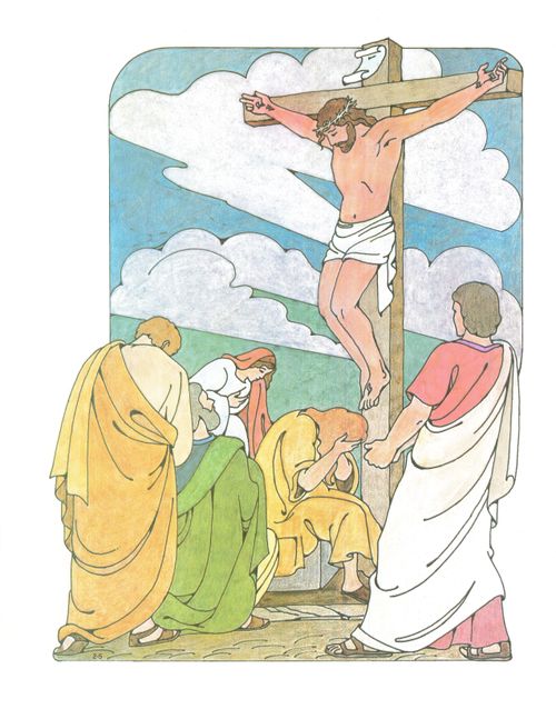 A colored drawing showing Jesus on the cross with a group of people mourning at the foot of the cross.