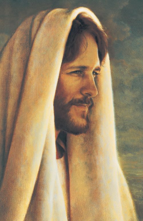 Head and shoulders profile protrait of Jesus Christ. Christ is depicted with a white cloth over His head.