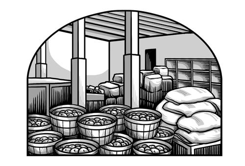bushels and sacks of food in a storage room