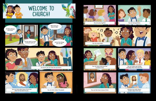 Comic-style story PDF with images of a boy and a girl showing the different things they can do at church