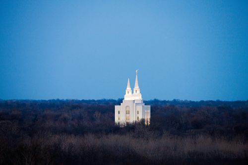 A view of the Kansas City Missouri Temple rising above bare trees in the foreground, with the lights on in the evening.