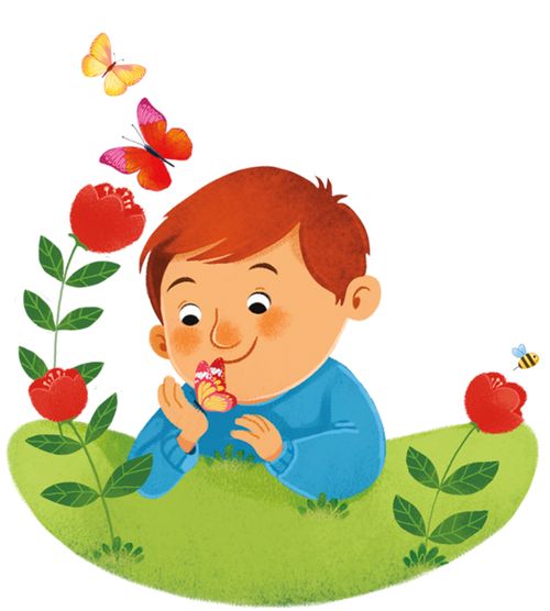 boy looking at flowers