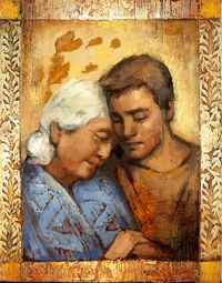 elderly woman and young man