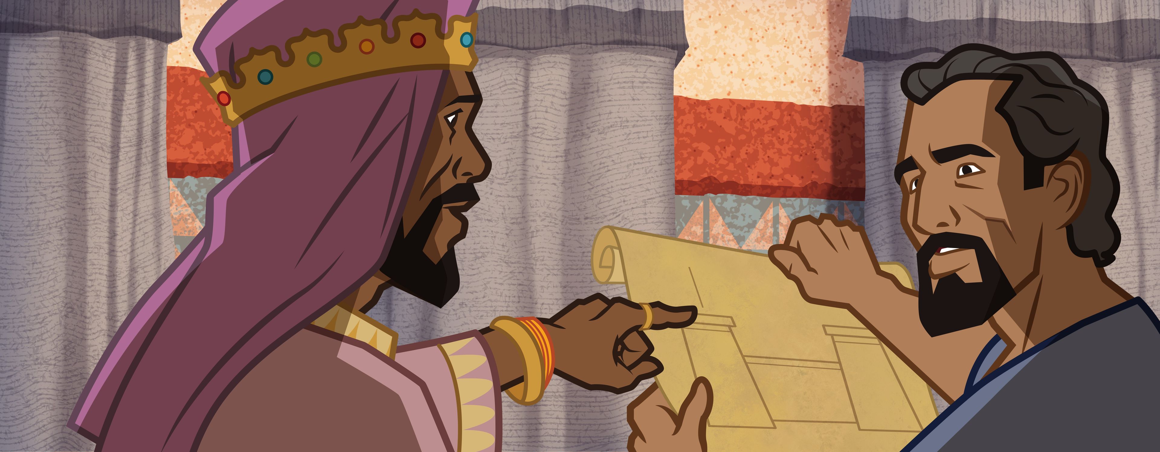 Ilustración del rey hablando con Nehemías acerca del muro. Nehemías 2:2–8