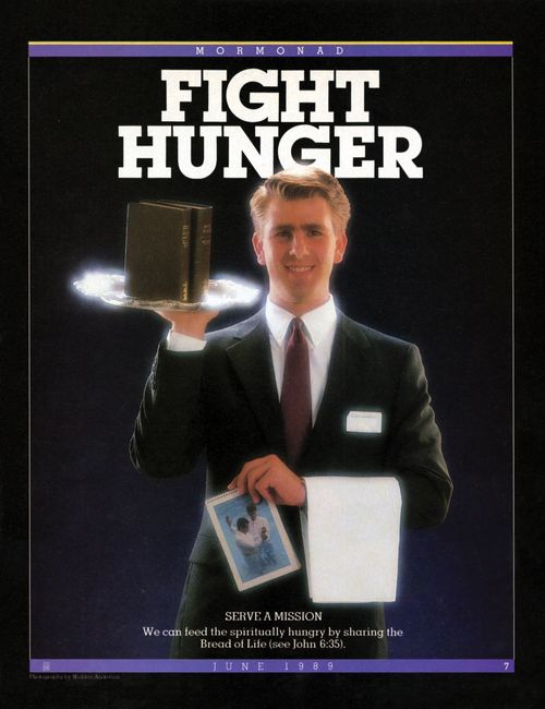 A conceptual photograph of a missionary serving the scriptures on a restaurant platter, paired with the words “Fight Hunger.”
