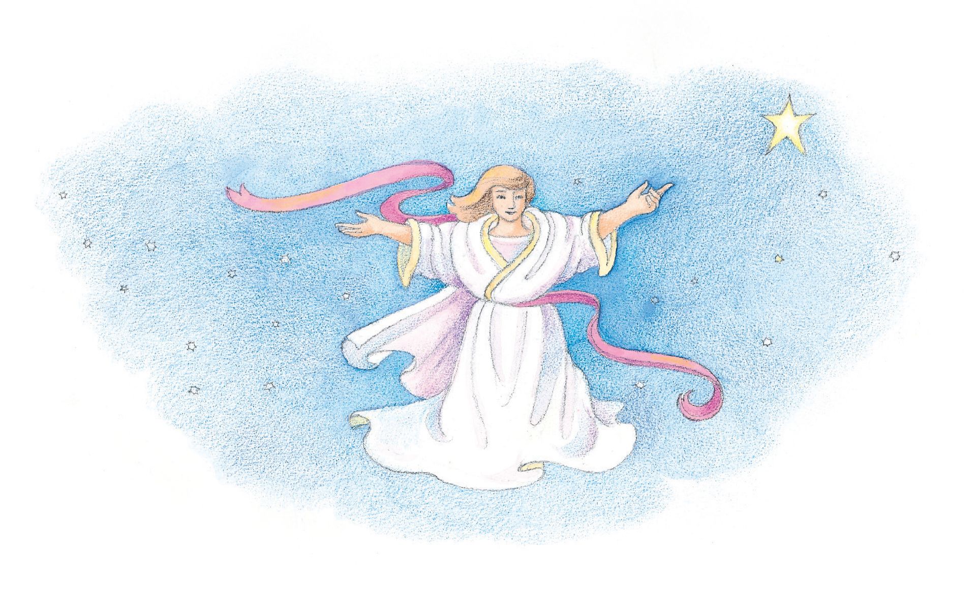 An angel standing in the sky. From the Children’s Songbook, page 52, “The Nativity Song”; watercolor illustration by Phyllis Luch.