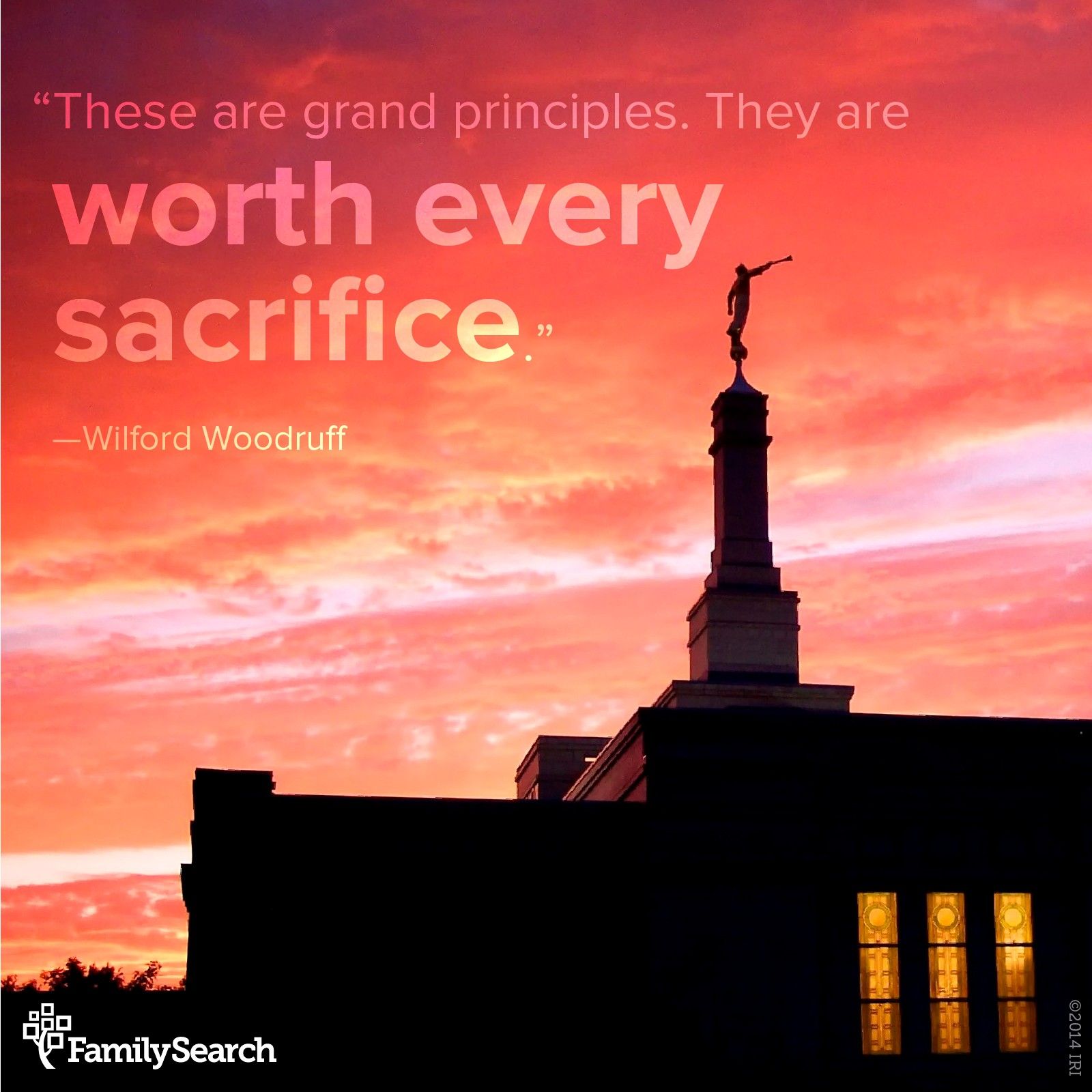 "“These are grand principles. They are worth every sacrifice.”—Wilford Woodruff In his talk “Roots and Branches,” Elder Quentin L. Cook quoted President Wilford Woodruff, who said: “There is hardly any principle the Lord has revealed that I have rejoiced more in than in the redemption of our dead; that we will have our fathers, our mothers, our wives and our children with us in the family organization, in the morning of the first resurrection and in the Celestial Kingdom. These are grand principles. They are worth every sacrifice.”"  