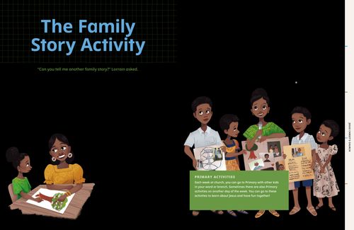 Story PDF with images of a family looking at a family tree, and holding data-posters about their ancestors