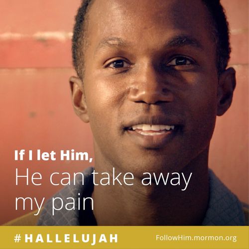 A close-up of a man’s face, paired with the words “If I let Him, He can take away my pain.”