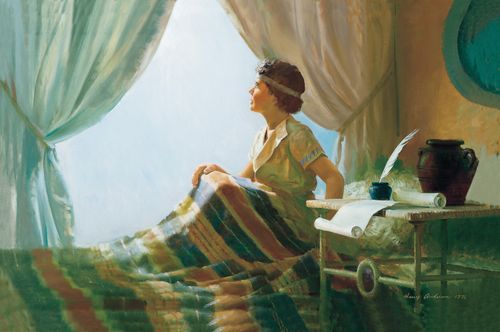 A painting by Harry Anderson showing Samuel as a boy sitting up in bed and looking out the window where a bright light is shining.