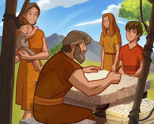 Gravura de Adão e Eva com seus filhos, Adão escrevendo escrituras. 
Moisés 6:5–6