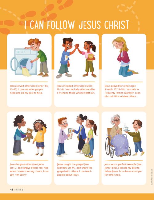 Page with illustrations of different ways children can follow Jesus Christ