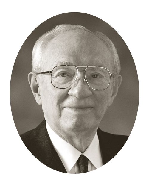A black and white headshot image of President Gordon B. Hinckley used as the official Church portrait.