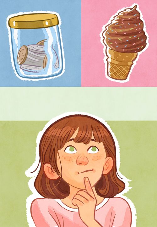 Jar with coins inside, chocolate ice cream cone, and girl looking up with a finger on her chin