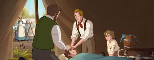 Joseph Smith and Wilford Woodruff giving a priesthood blessing to a sick boy.