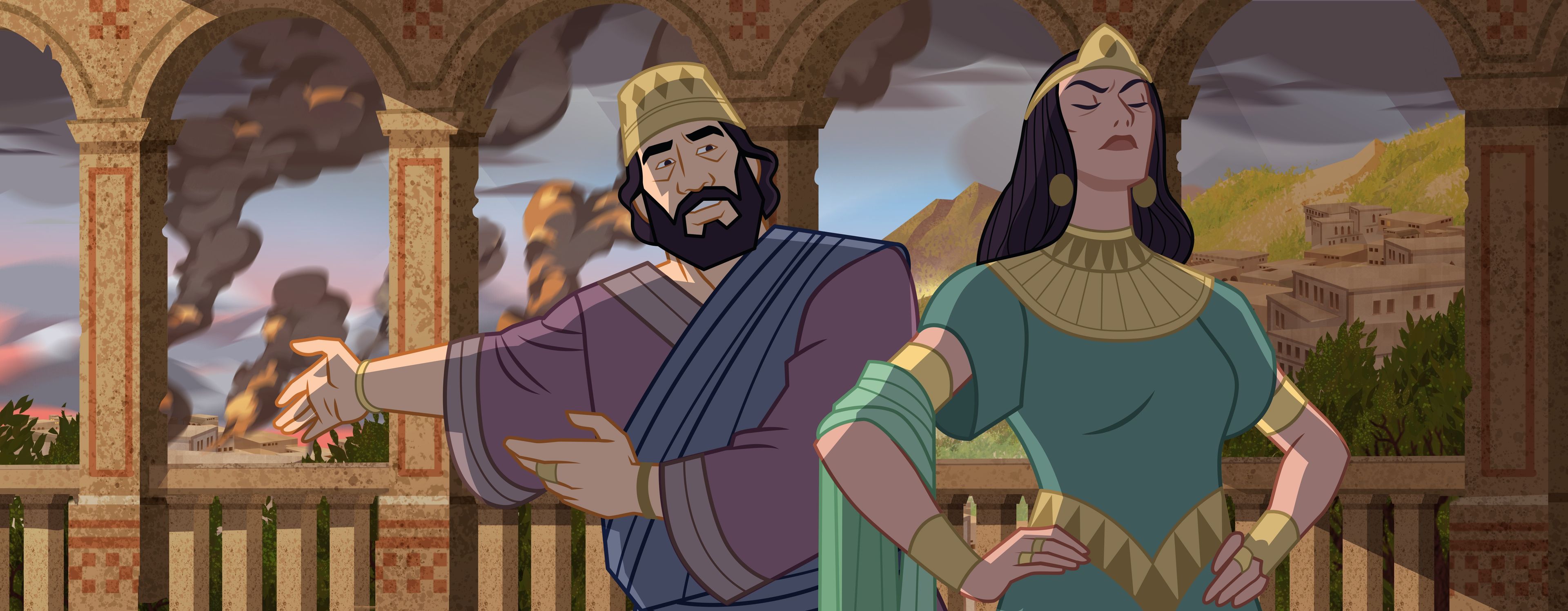 Illustration of Ahab talking to Jezebel, fire in the background. 1 Kings 19:1–2