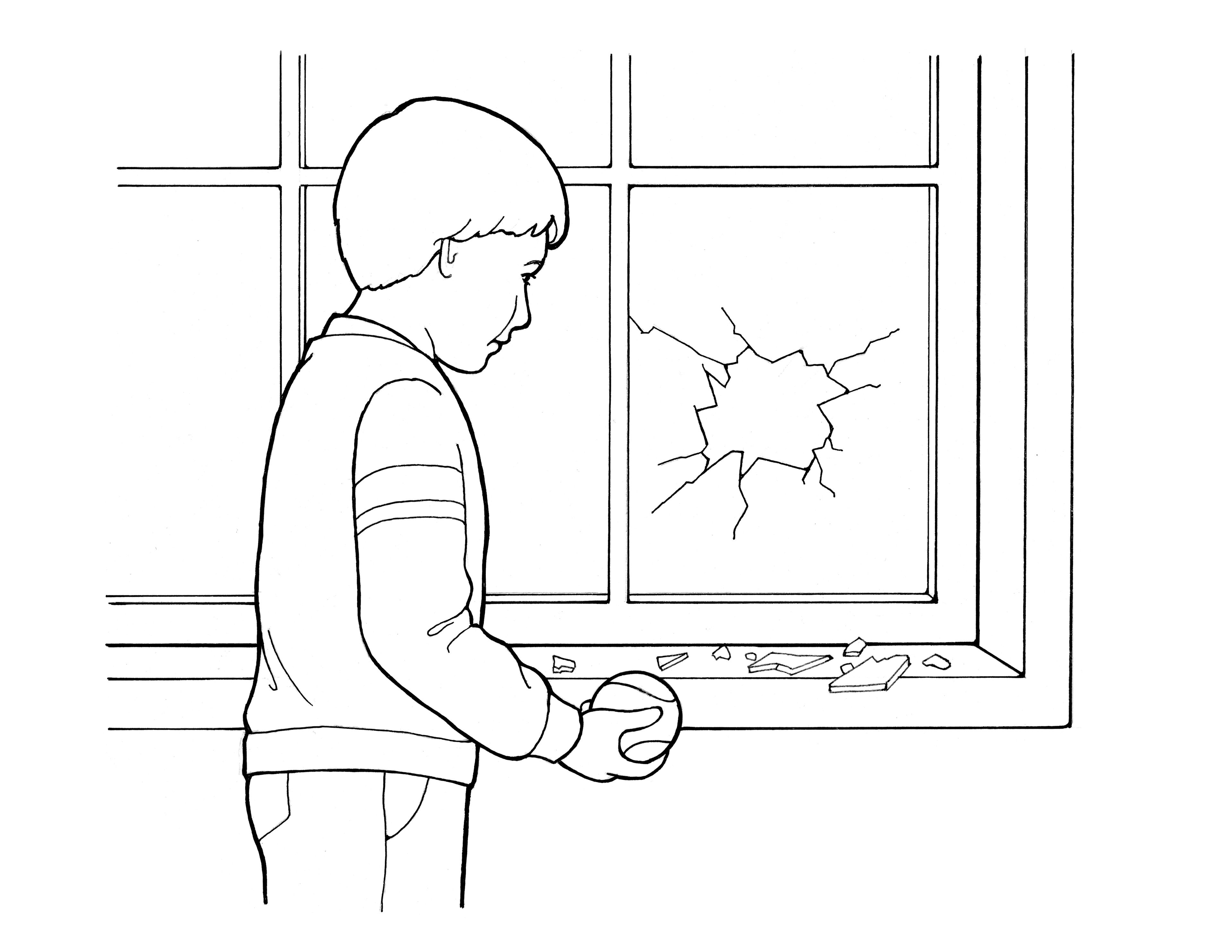 A line drawing of a boy who broke a window, showing the power of repentance.