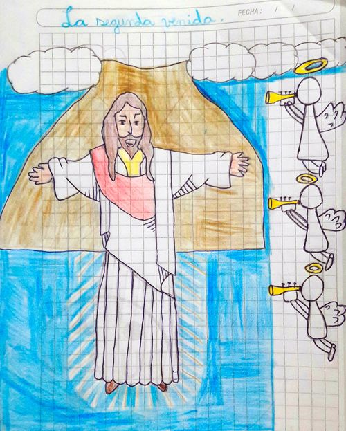 A child's coloring of Christ coming again with angels sounding with Trumpets.