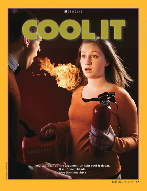 A conceptual photograph of a young man with flames coming out of his mouth and a young woman holding a fire extinguisher and a can of gasoline, paired with the words "Cool It."