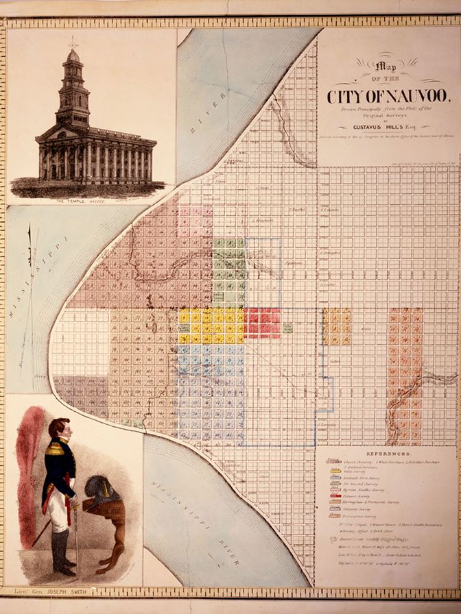 A gridded city map of Nauvoo with the Mississippi river to the left and illustrations of a temple and Joseph Smith in the corners.