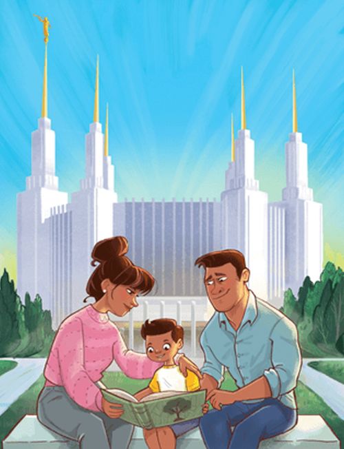 Mãe, pai e filho olhando para um álbum de fotos, sentados em frente ao templo