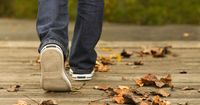 A man walks on top of a bridge as he walks along a trail during autumn. There are leaves on the bridge.